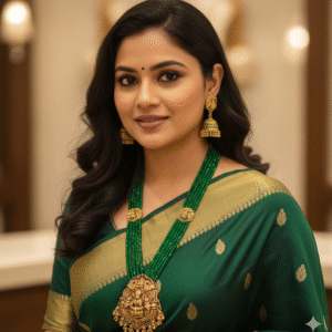 Antique Temple Jewellery Lakshmi Pendant with Multi-Strand Emerald Green Beaded Long Haram Necklace Set & Jhumkas for Women