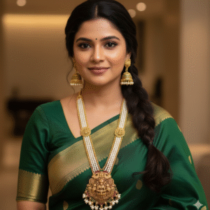 White Long Pearl Haram Necklace Set with Antique Gold Lakshmi Pendant & Matching Jhumka Earrings