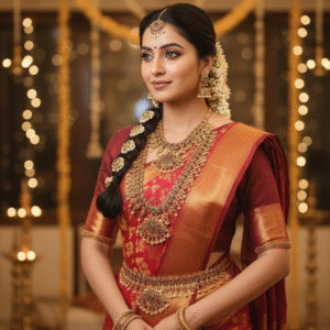 Grand Temple Style Full Bridal Set with Ruby/Emerald Look Stones, Kamarbandh & Maang Tikka for Kanjivaram Saree