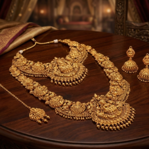 Traditional Antique Finish Double Layer Necklace Set, Lakshmi Pendant, Jhumkas & Tikka for Saree/Wedding