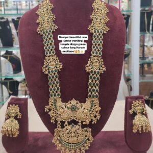 Latest Temple Jewellery Long Haram with Emerald Green Stones & Peacock Design