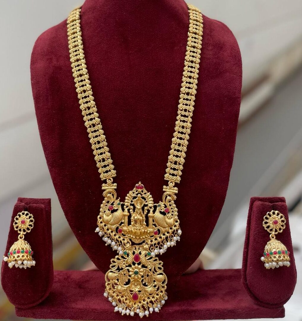 Temple Jewellery Long Haram Set with Double Pendant & Matching Earrings