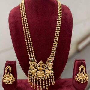 Long Temple Haram Necklace Set with Triple Layer Chain and Lakshmi Pendant