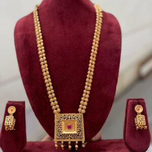 Classic Temple Long Haram Necklace with Ruby Red Stone