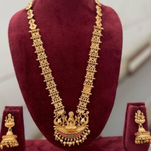Antique Gold Plated Temple Long Haram with Goddess Lakshmi Pendant