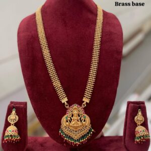 Brass Base Temple Long Haram with Goddess Lakshmi Pendant and Jhumkas