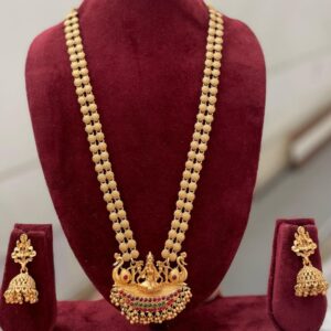 Matte Finish Temple Jewellery Long Haram with Lakshmi Pendant Set