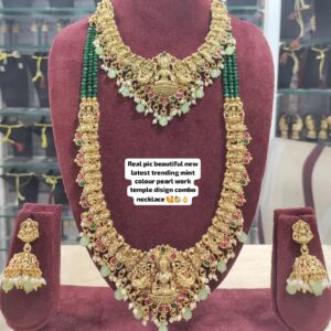 Mint Green Pearl Temple Design Combo Necklace Set for Women