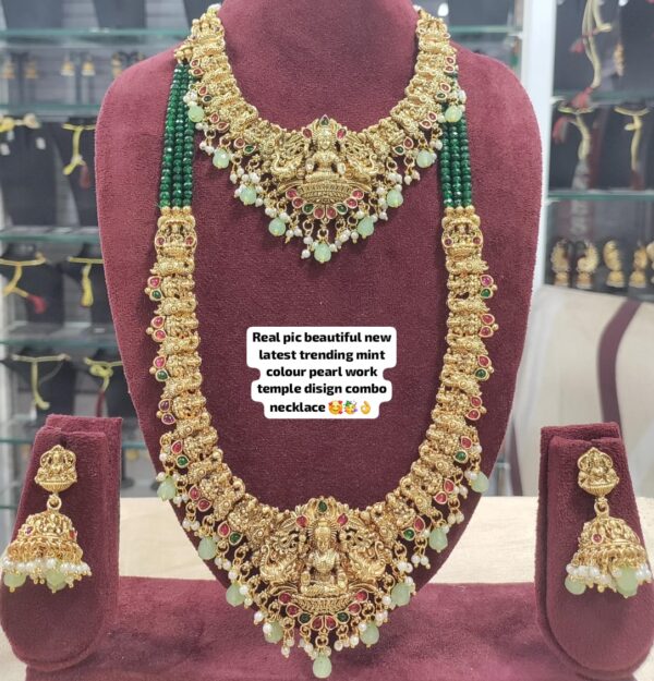 Mint Green Pearl Temple Design Combo Necklace Set for Women