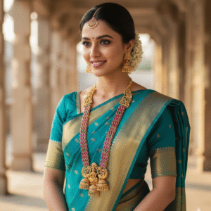 Ethnic Long Haram Necklace Set with Goddess Lakshmi Motif | Temple Style Jewellery for Women