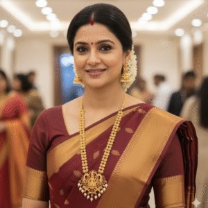 Traditional South Indian Matte Finish Long Haram with Lakshmi Pendant and Pearl Drops