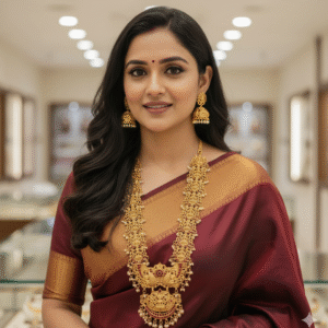 Traditional South Indian Matt Gold Plated Long Haram Necklace with Peacock & Lakshmi Pendant