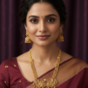 South Indian Temple Jewellery Long Haram Necklace Set with Goddess Lakshmi Peacock Pendant & Jhumkas for Women