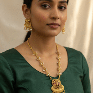 Temple Necklace Set with Ruby Pendant, Beaded Chain, and Matching Pearl Drop Stud Earrings