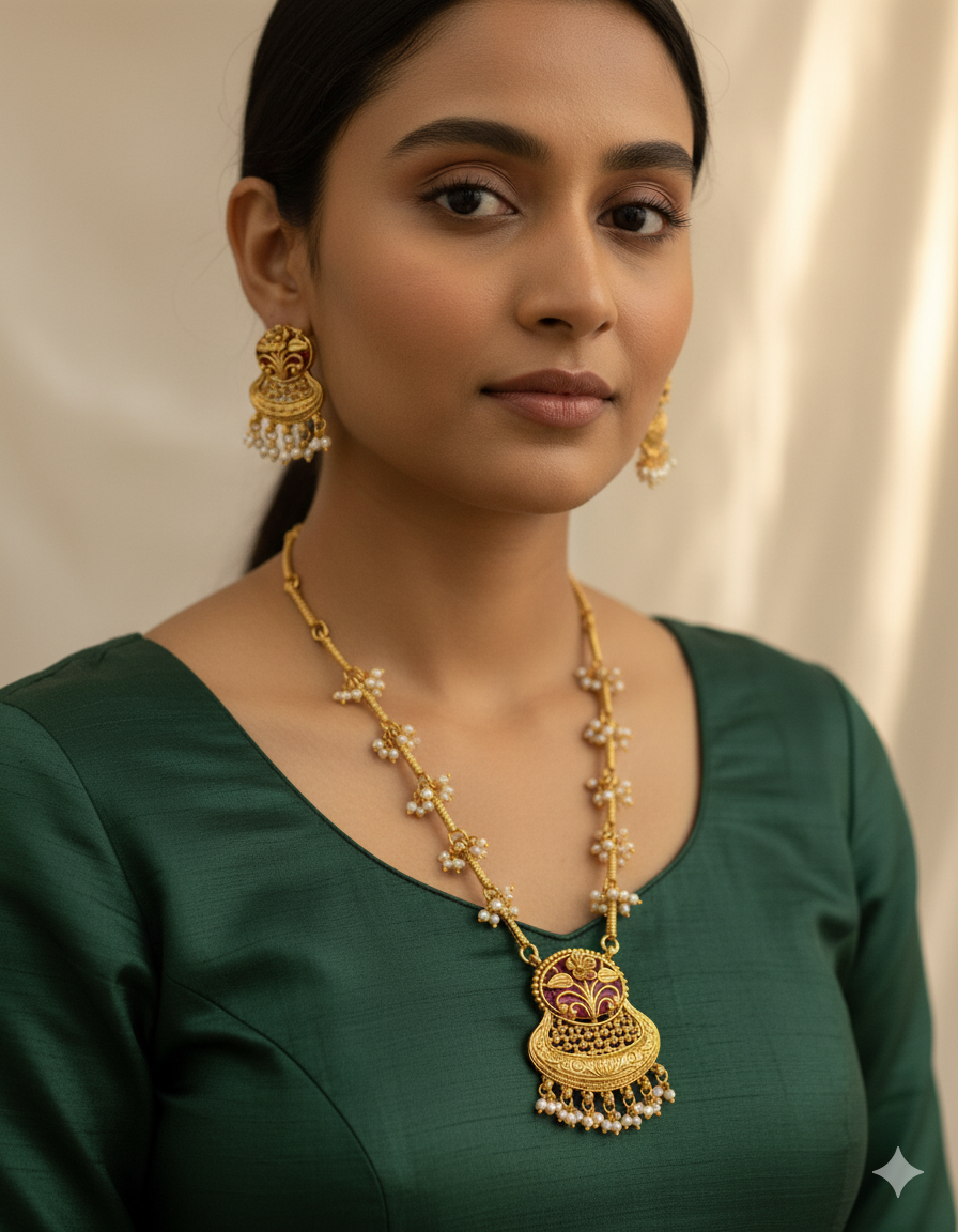 Temple Necklace Set with Ruby Pendant, Beaded Chain, and Matching Pearl Drop Stud Earrings