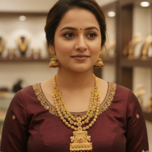 Antique Temple Jewellery Set with Layered Long Haram Necklace and Matching Jhumka Earrings for Women