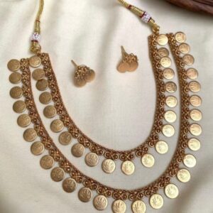 Traditional Antique Gold Finish Lakshmi Coin Necklace Set - Two-Layered Kasu Haram with Matching Stud Earrings