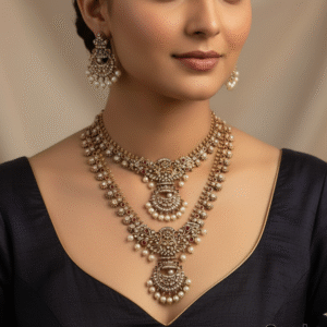 Premium Antique Matte Finish CZ Stone Combo Necklace Set | Dual Layer Short & Long Necklace with Cluster Pearl Earrings