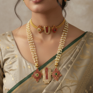 South Indian Temple Jewellery Combo Set: Antique Gold Plated Shankh Chakra Tilak (Balaji Namam) Necklace & Choker with Pearls and Kemp Stone Earrings
