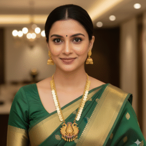 Traditional South Indian Temple Long Haram Necklace with Lakshmi Pendant for Women