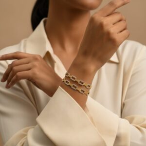 Chic Geometric Link Design Bangles with Pave Stone Detailing (Set of 2)