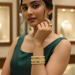 Traditional Gold-Plated Coin Design Bangles with Pearl Accents (Set of 2)