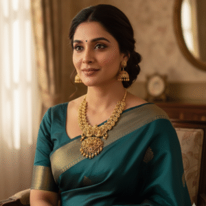 Traditional Antique Gold Plated Short Necklace Set with Detailed Floral Motifs, Dangling Gold Drops & Jhumka Earrings