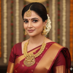 Temple Jewelry Short Necklace Set with Lakshmi Pendant, Jhumka Earrings & Maang Tikka