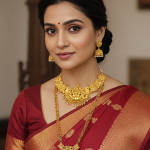 South Indian Temple Jewelry Combo Set - Lakshmi Choker Necklace with Long Haram and Jhumkas