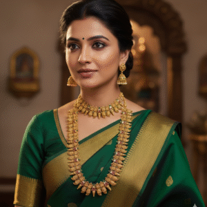 Grand South Indian Temple Jewelry Combo Set: Antique Gold Plated Choker & Long Haram Necklace with Kemp Stones and Matching Jhumka Earrings