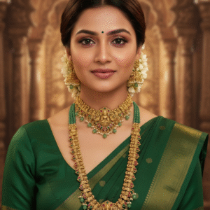 Grand Bridal Temple Jewelry Combo Set: Antique Gold Choker & Long Haram with Lakshmi Pendants, Green Beads, Kemp Stones & Matching Earrings