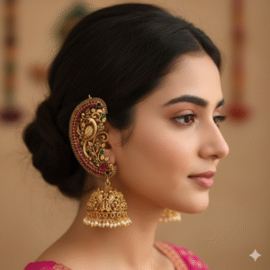 Grand Antique Gold Plated Peacock Ear Cuff Jhumka - Temple Jewelry Style