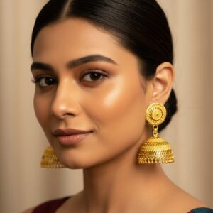 Classic Gold-Toned Jhumka Earrings with Textured Dome and Beaded Fringe
