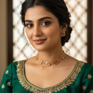 Contemporary Lotus Choker Necklace Set with Pink Enamel Work and Matching Stud Earrings