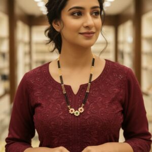 Traditional Maharashtrian Short Mangalsutra with Floral Ruby Emerald Pendant