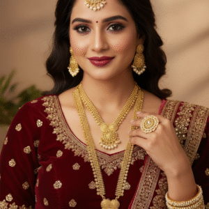 Premium Gold Plated Marathi Semi Bridal Jewellery Set for Wedding | Includes Long & Short Necklace, Earrings, Maang Tikka, Finger Ring & 2 Bangles | Maharashtrian Traditional Set