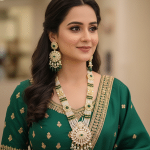 Grand Pearl Multi-Strand Long Necklace Set with Green Beads, Kundan Work & Emerald Accents