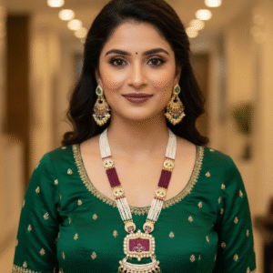 Traditional Pearl Multi-Strand Long Necklace Set with Maroon Beads, Antique Pendant & Kemp Stones