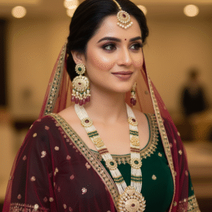 Grand Pearl Multi-Strand Long Haram Necklace Set with Ruby Kemp Stones & Antique Gold Pendant