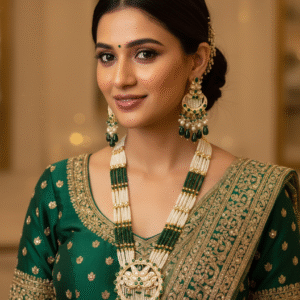 Regal Multi-Strand Pearl & Green Bead Long Haram Necklace Set with Kundan Pendant