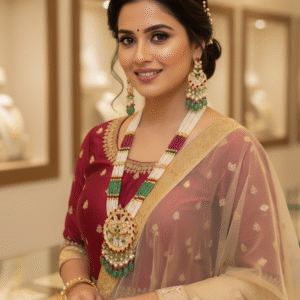 Traditional Multi-Strand Pearl Haram Set | Ruby Green Beads Long Necklace & Earrings