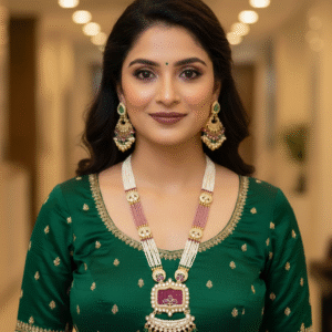 Traditional Multi-Layer Pearl Haram Set | Ruby Green Long Necklace & Earrings