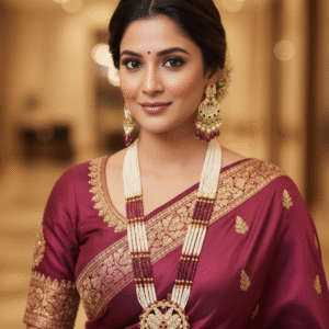 Regal Multi-Strand Pearl Rani Haar | Ruby Green Long Necklace & Earrings Set