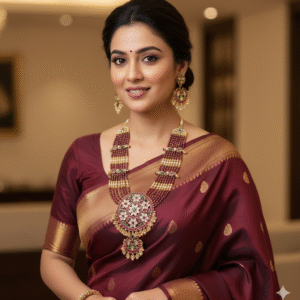 Traditional South Indian Style Multi-Layer Ruby and Pearl Beaded Long Necklace Set with Matching Earrings