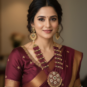 Traditional Indian Bridal Ruby and Emerald Beaded Long Necklace Set with Jhumka Earrings