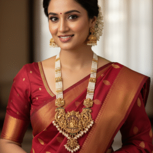 Exquisite Traditional Temple Jewelry Long Pearl Necklace Set with Gold-Toned Lakshmi Pendant and Jhumka Earrings for Women