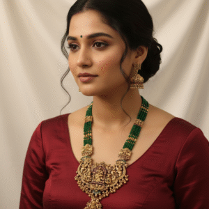 Antique Gold Temple Jewellery Necklace Set with Emerald Green Beads and Intricate Lakshmi Pendant Jhumka Earrings
