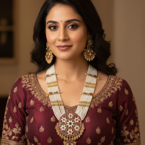 South Indian Style Bridal White Pearl and Stone Necklace Set with Ruby and Emerald Accents