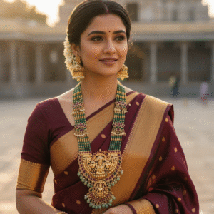 Traditional South Indian Temple Jewellery Gold Plated Long Necklace Set with Ruby Emerald and Jhumka Earrings