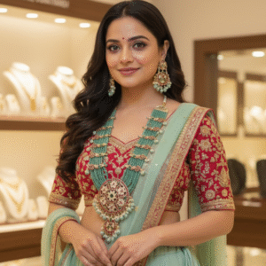 Regal Mint Green Beaded Long Necklace Set with Jhumka Earrings - Antique Temple and Polki Style Bridal Jewelry